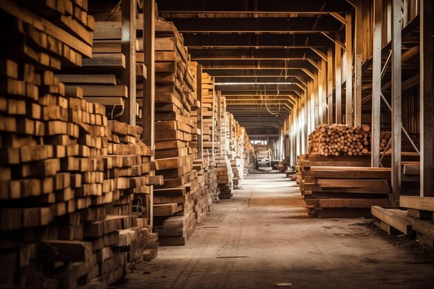 Foto tabla de madera en la industria de la madera pila de troncos y madera en la producción del aserradero