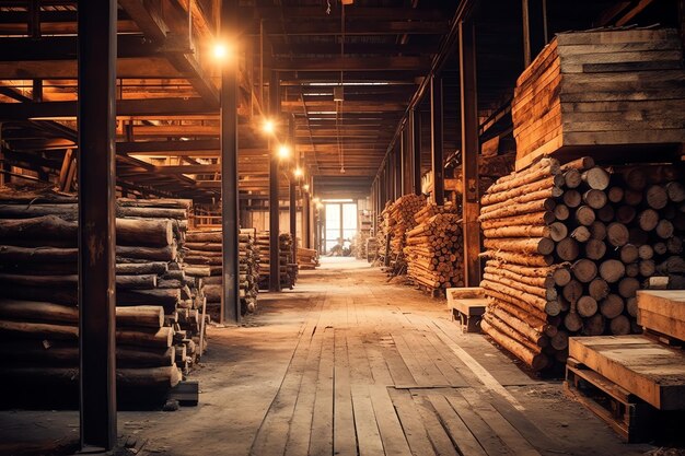 Tabla de madera en la industria de la madera Pila de troncos y madera en la producción del aserradero