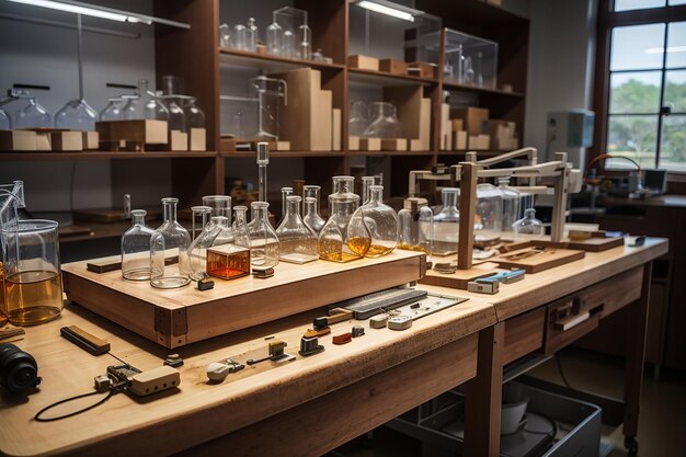 Una tabla de madera en un laboratorio científico con equipos de laboratorio y muestras