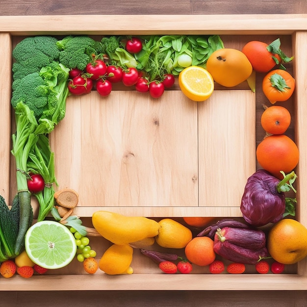 Una tabla de madera con un marco de frutas y verduras