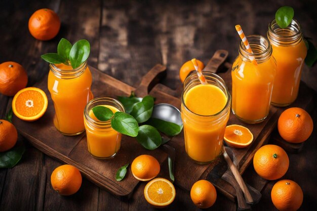 una tabla de madera con naranjas limones y naranjas