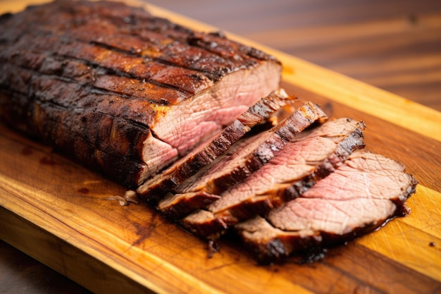 Tabla de madera de nogal con jugosas rebanadas de pechuga de barbacoa