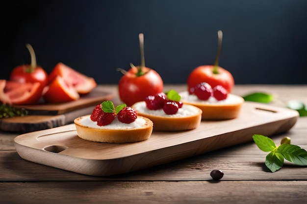 Una tabla de madera con pan y fruta con un fondo negro.