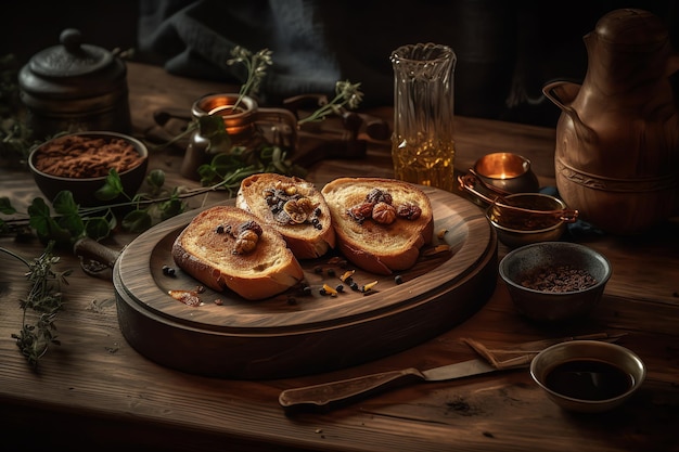 Una tabla de madera con pan y nueces.