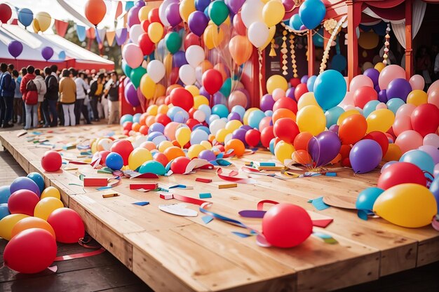 Una tabla de madera rodeada de globos de colores en un carnaval