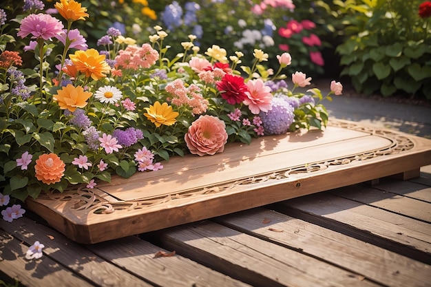 Una tabla de madera rodeada de hermosas flores en un jardín