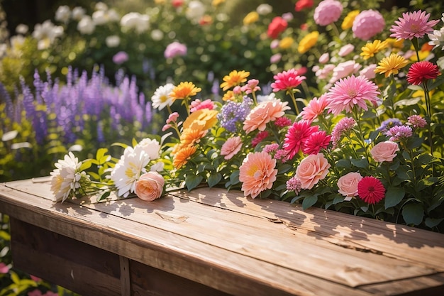 Una tabla de madera rodeada de hermosas flores en un jardín