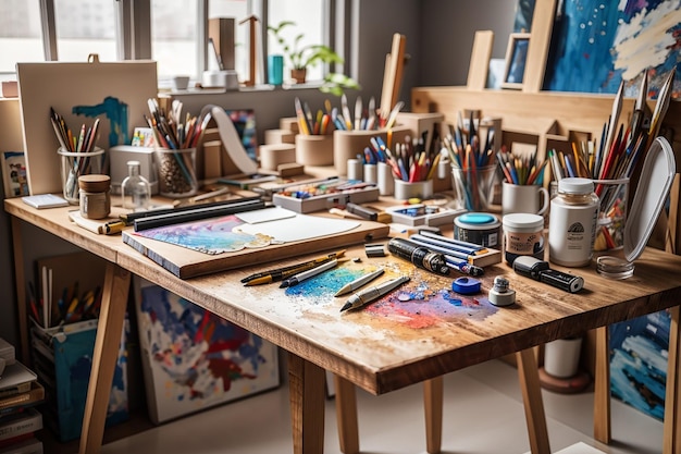 Una tabla de madera rodeada de suministros de arte en un estudio