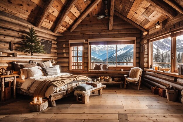 Una tabla de madera rústica en una cabaña de montaña con una acogedora decoración interior