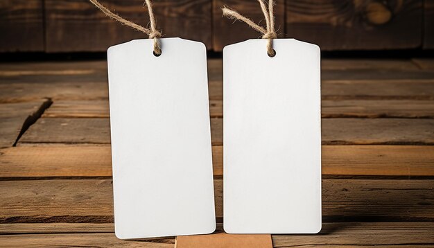 Foto tabla de madera rústica colgada con etiqueta de papel en blanco generada por ia