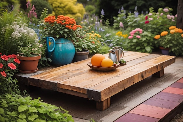 Una tabla de madera rústica colocada en un jardín vibrante