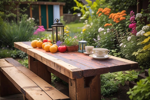 Una tabla de madera rústica colocada en un jardín vibrante