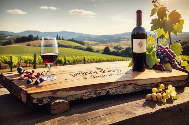 Una tabla de madera rústica contra un viñedo para un diseño de etiqueta de vino