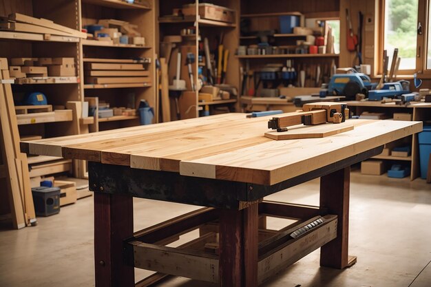 Una tabla de madera en un taller de carpintería adecuada para herramientas y productos de artesanía