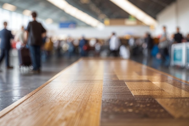 Una tabla de madera con una terminal de aeropuerto bulliciosa y desenfocada