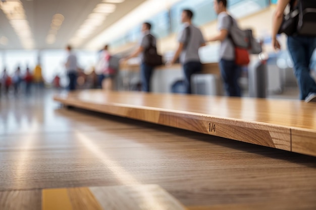 Una tabla de madera con una terminal de aeropuerto bulliciosa y desenfocada