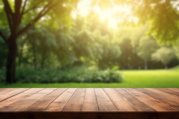 Tabla de madera vacía al aire libre parque verde fondo de la naturaleza plantilla de exhibición de productos