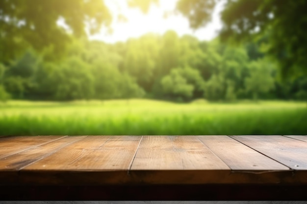 Tabla de madera vacía al aire libre parque verde fondo de la naturaleza plantilla de exhibición de productos