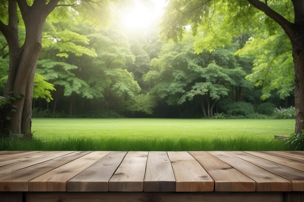 Tabla de madera vacía al aire libre parque verde fondo de la naturaleza plantilla de exhibición de productos
