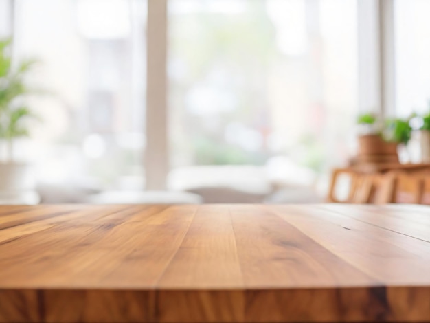 Tabla de madera vacía en el fondo de la sala de estar acogedora en borrón limpio y brillante