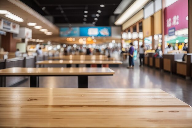 Foto tabla de madera vacía frente a un bullicioso patio de comidas