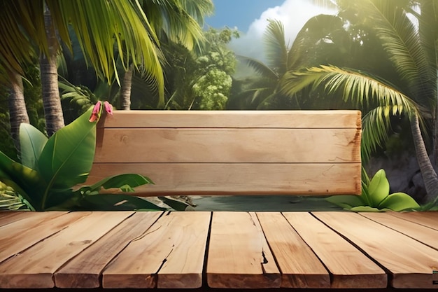 Foto una tabla de madera vacía en un paraíso tropical