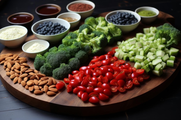 Una tabla de madera con varias verduras, frutas, nueces y semillas dispuestas en ella