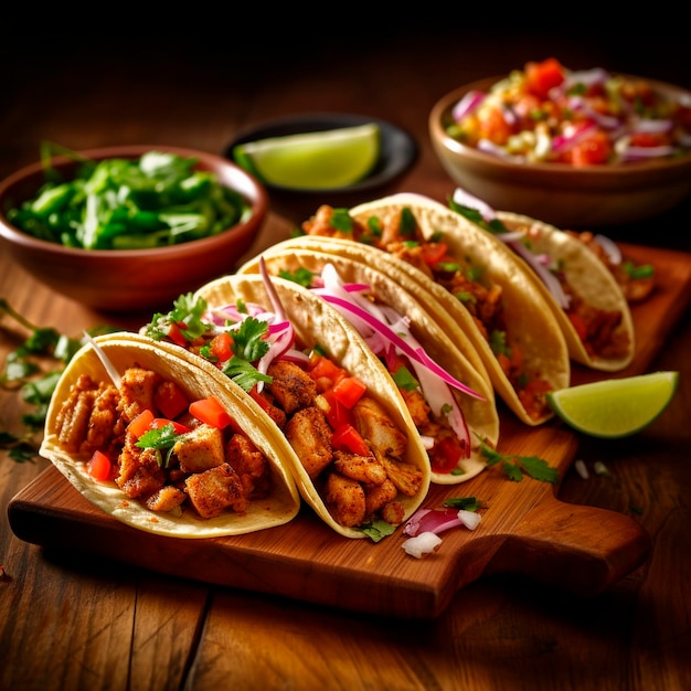 Una tabla de madera con varios tacos que incluyen pollo, cebollas y tomates.