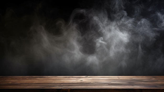 Tabla de madera vieja con humo en el fondo oscuro