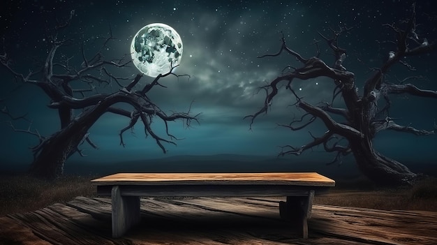 Tabla de madera vieja y silueta de árbol muerto por la noche para el fondo de Halloween Generative Ai