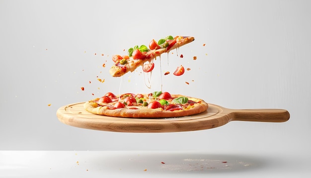 Tabla de madera voladora con una sabrosa pizza margarita sobre un fondo blanco