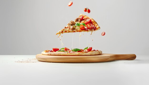 Tabla de madera voladora con una sabrosa pizza margarita sobre un fondo blanco