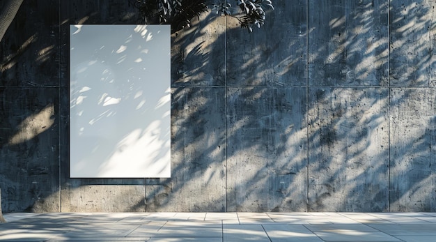 Tabla negra en blanco en la pared con sombra de árbol y hojas