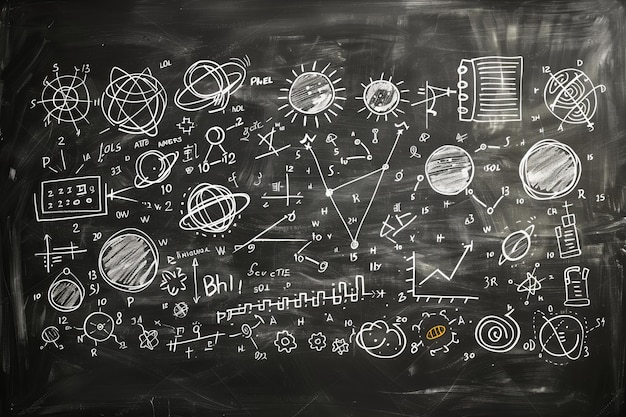 Tabla negra con dibujos de ciencias y matemáticas en tiza blanca vista superior