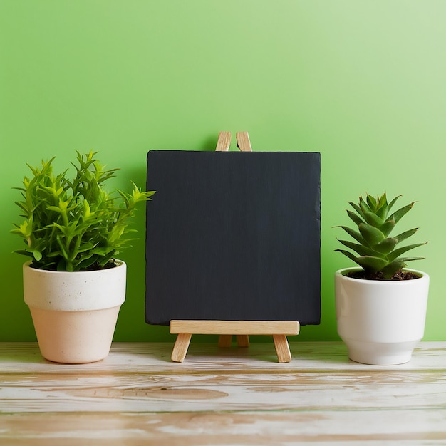 una tabla negra con un fondo verde y una planta en ella