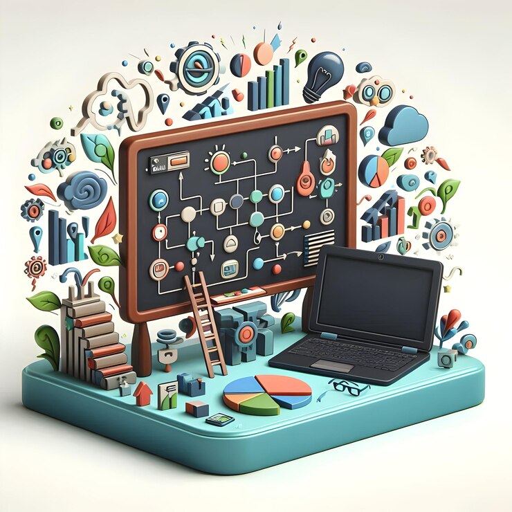 Foto tabla negra de íconos planos 3d con gráfico organizativo y estructura y análisis de negocios para portátiles
