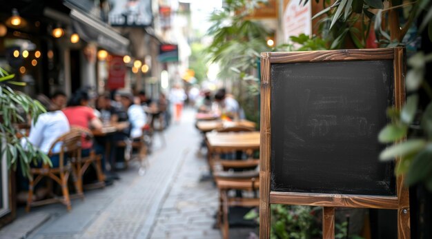 Tabla negra de menú en blanco en una mesa de madera en una cafetería Mockup para pancartas publicitarias o diseño