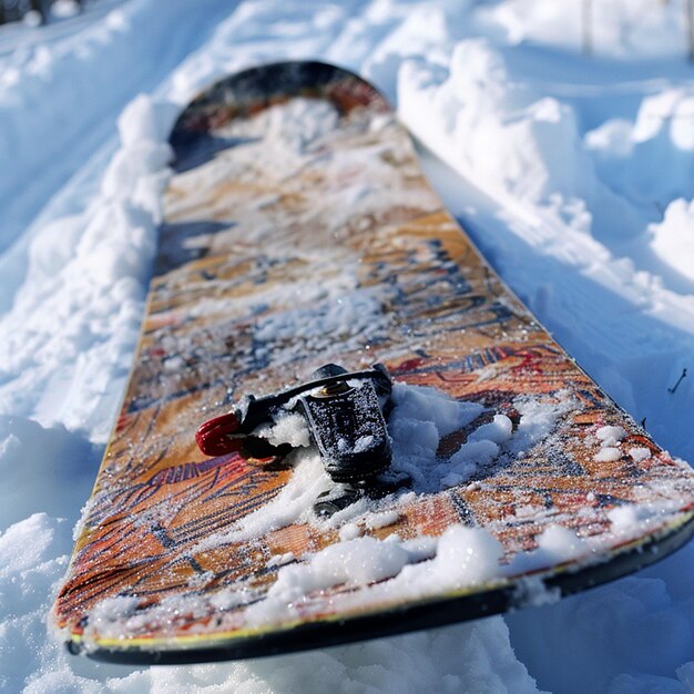 Foto una tabla de nieve con un objeto negro en ella está acostada en la nieve