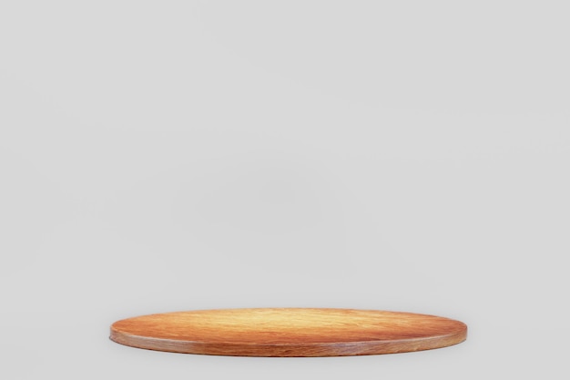 Tabla o placa de corte de madera redonda vacía aislada sobre un fondo gris Mockup de tabla redonda de madera para la presentación de productos y espacio de copia de alimentos