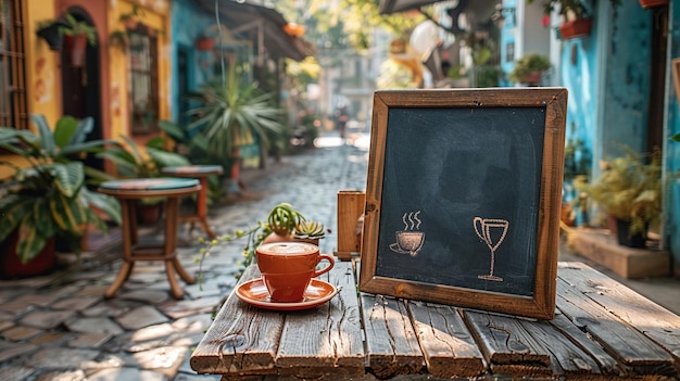 Tabla de piedra de la calle y taza de café en una mesa de madera