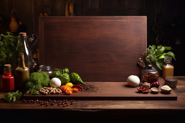 Tabla de podio de madera vintage oscura para la exhibición de productos con ingredientes culinarios