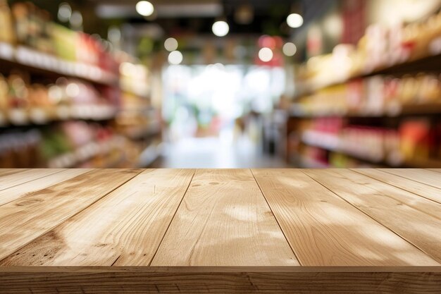 Tabla de productos de madera desgastada muestra un supermercado en el fondo