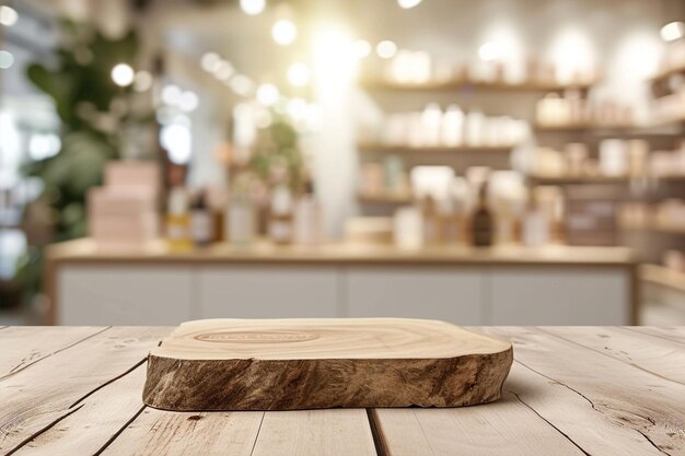 Tabla de productos de madera desgastada muestra tienda de cosméticos en el fondo