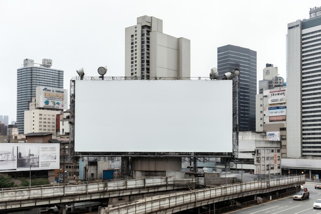 Tabla publicitaria blanca vacía en una ciudad futurista