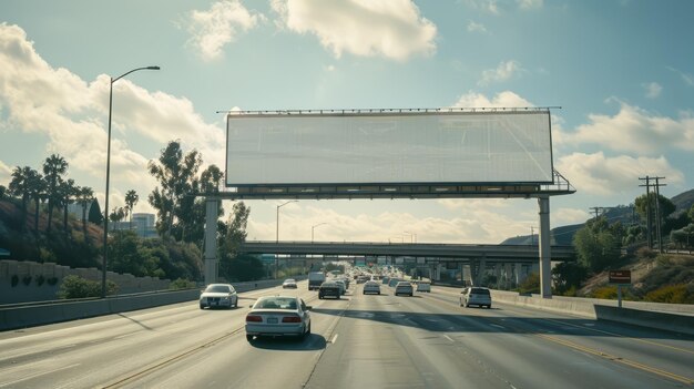 Tabla publicitaria en blanco en la autopista con cielo azul y nubes blancas de fondo Mockup para pancartas publicitarias o diseño