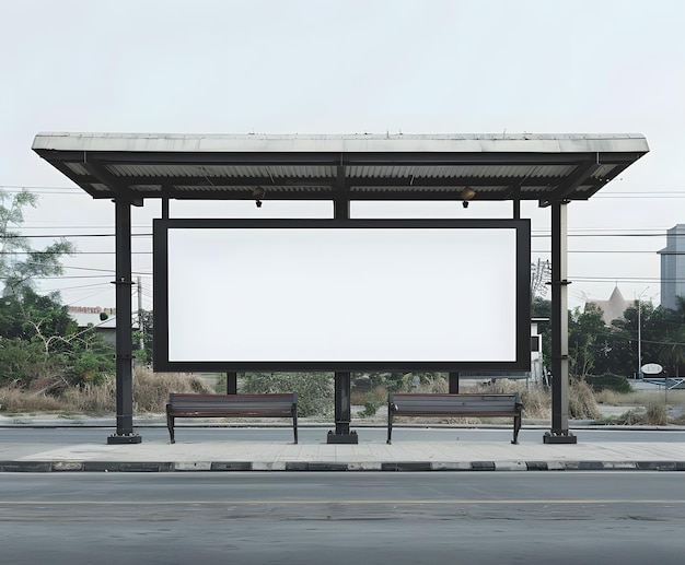 Tabla publicitaria en blanco en la carretera con fondo de cielo azul para la publicidad