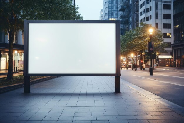 Tabla publicitaria vacía en el edificio vacía de señales de información al aire libre personas que pasan por la carretera borrosa