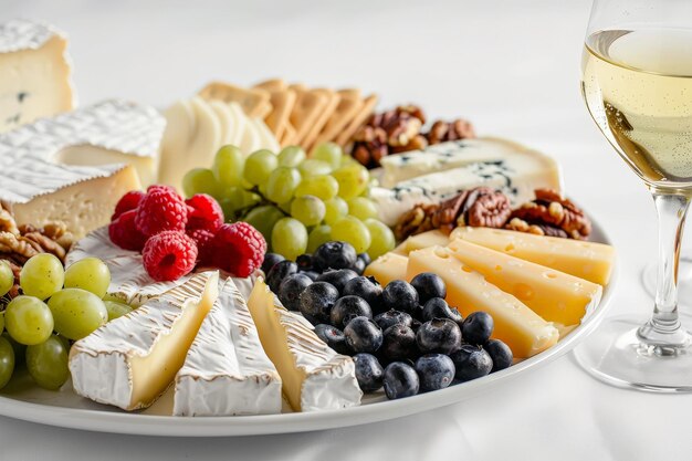 Tabla de queso con bocadillos Diferentes tipos de rebanadas de queso nueces uvas bayas