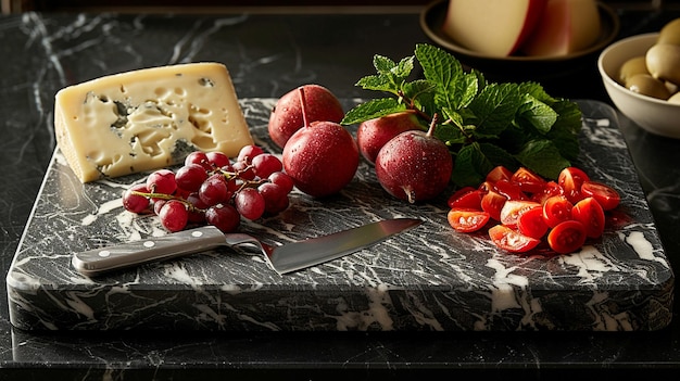 Tabla de queso de mármol y papel tapiz de cuchillo