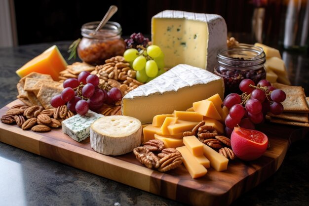Tabla de queso con quesos y nueces variados creados con ai generativo